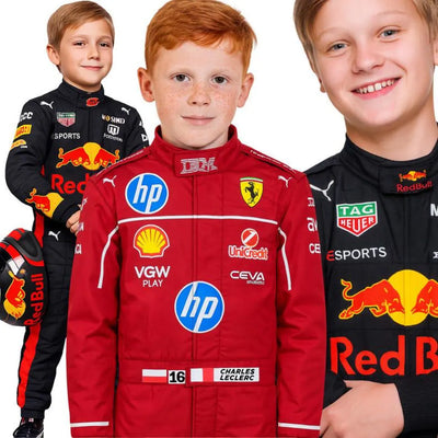 Kids and Adults Formula 1 Suits of Famous Racers with Matching Gloves, Caps and Shoes Available – Free Customizable with your Name, Flag etc