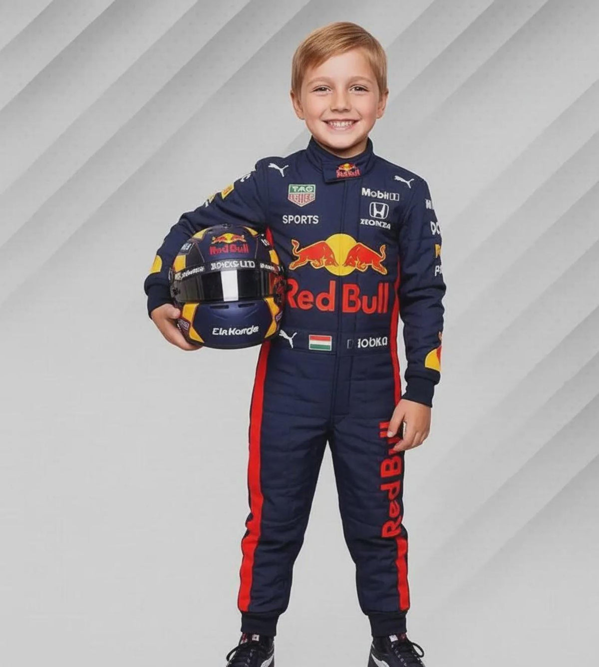 Red Bull F1 Kids Go Kart Racing Suit – Formula 1 Replica Racewear with Matching Helmet – Customizable Name & Flag – All Sizes Available