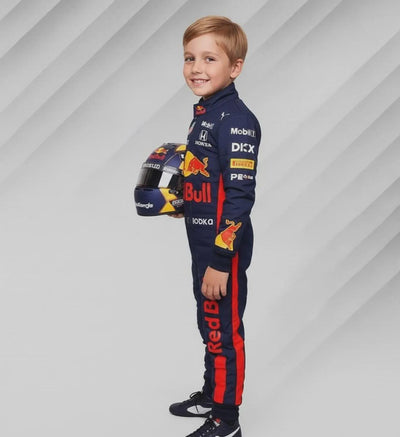Red Bull F1 Kids Go Kart Racing Suit – Formula 1 Replica Racewear with Matching Helmet – Customizable Name & Flag – All Sizes Available
