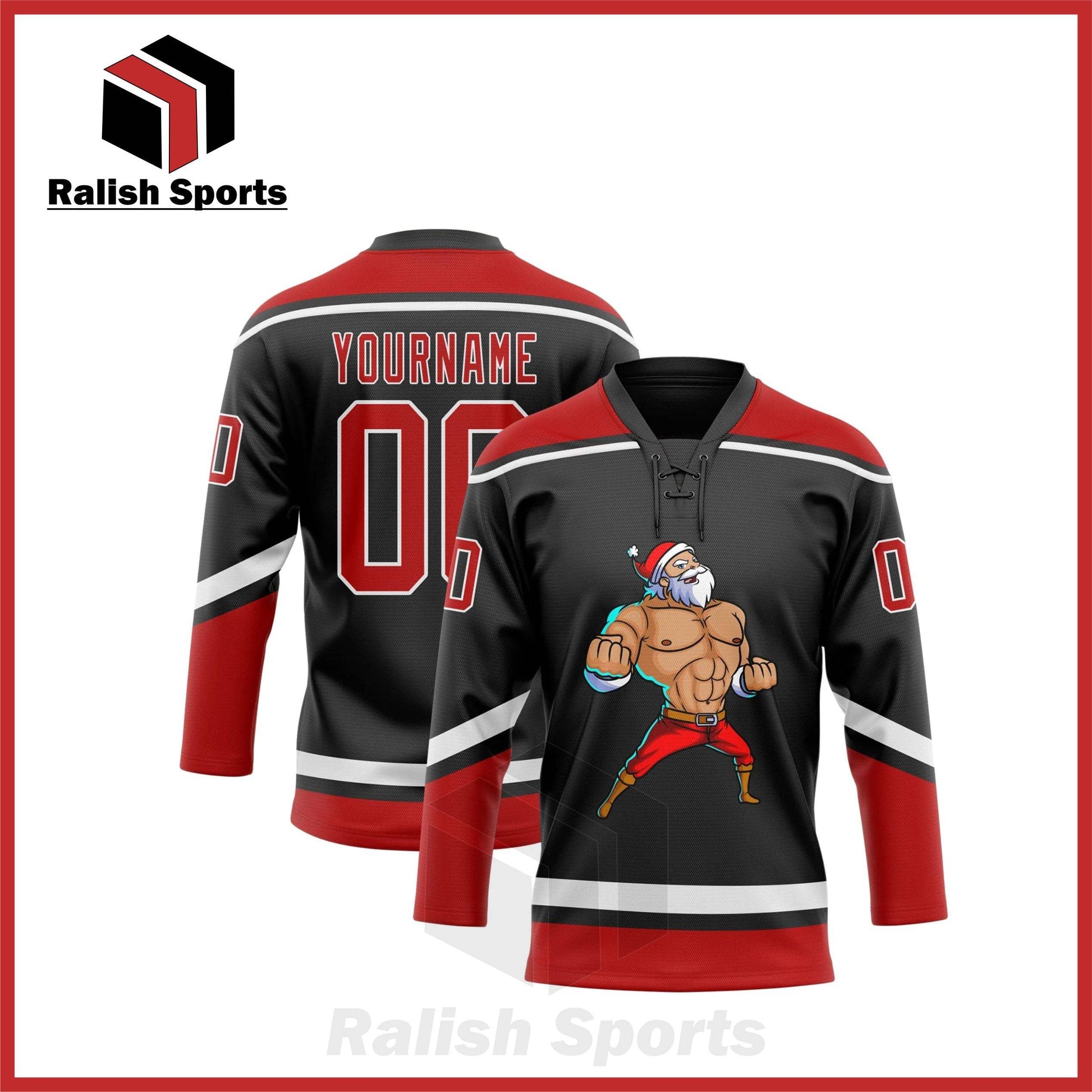 Custom Black Red-White Christmas Santa Claus 3D Hockey Lace Neck Jersey - Ralish Sports