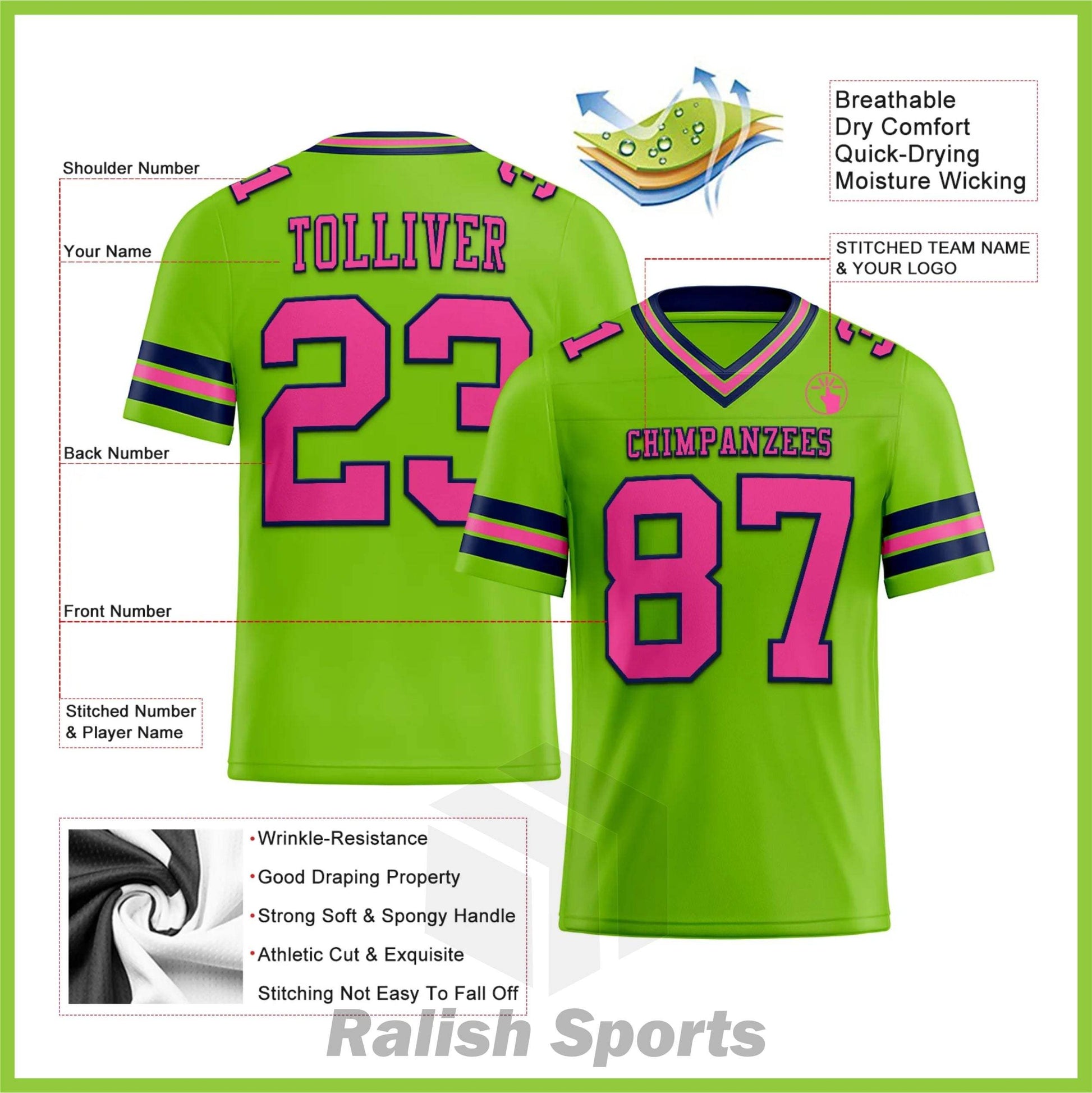 Custom Neon Green Pink-Navy Mesh Authentic Football Jersey - Ralish Sports