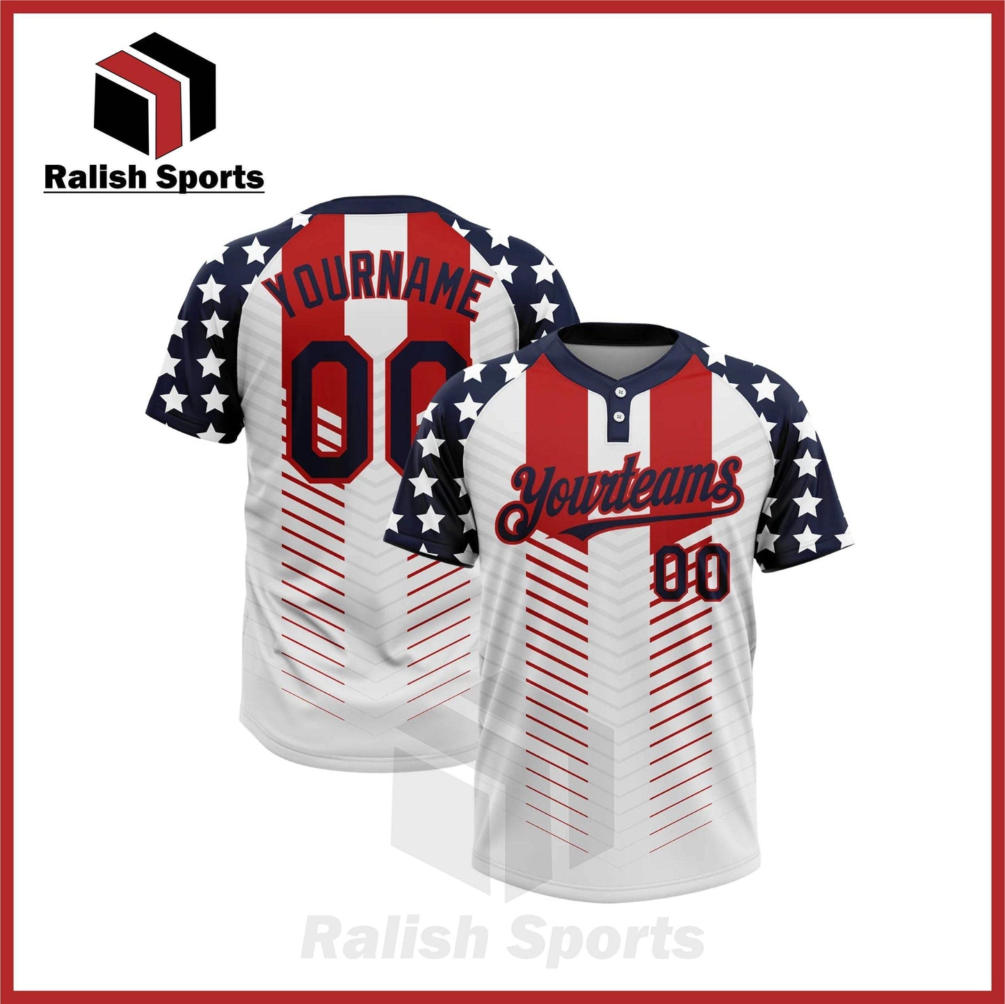 Custom White Royal-Red 3D American Flag Fashion Two-Button Unisex Softball Jersey - Ralish Sports