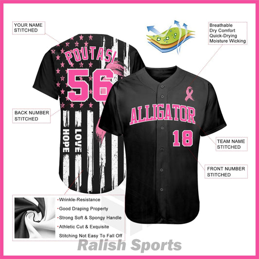 Custom 3D American Flag With Pink Ribbon Breast Cancer Awareness Month Women Health Care Support Authentic Baseball Jersey - Ralish Sports