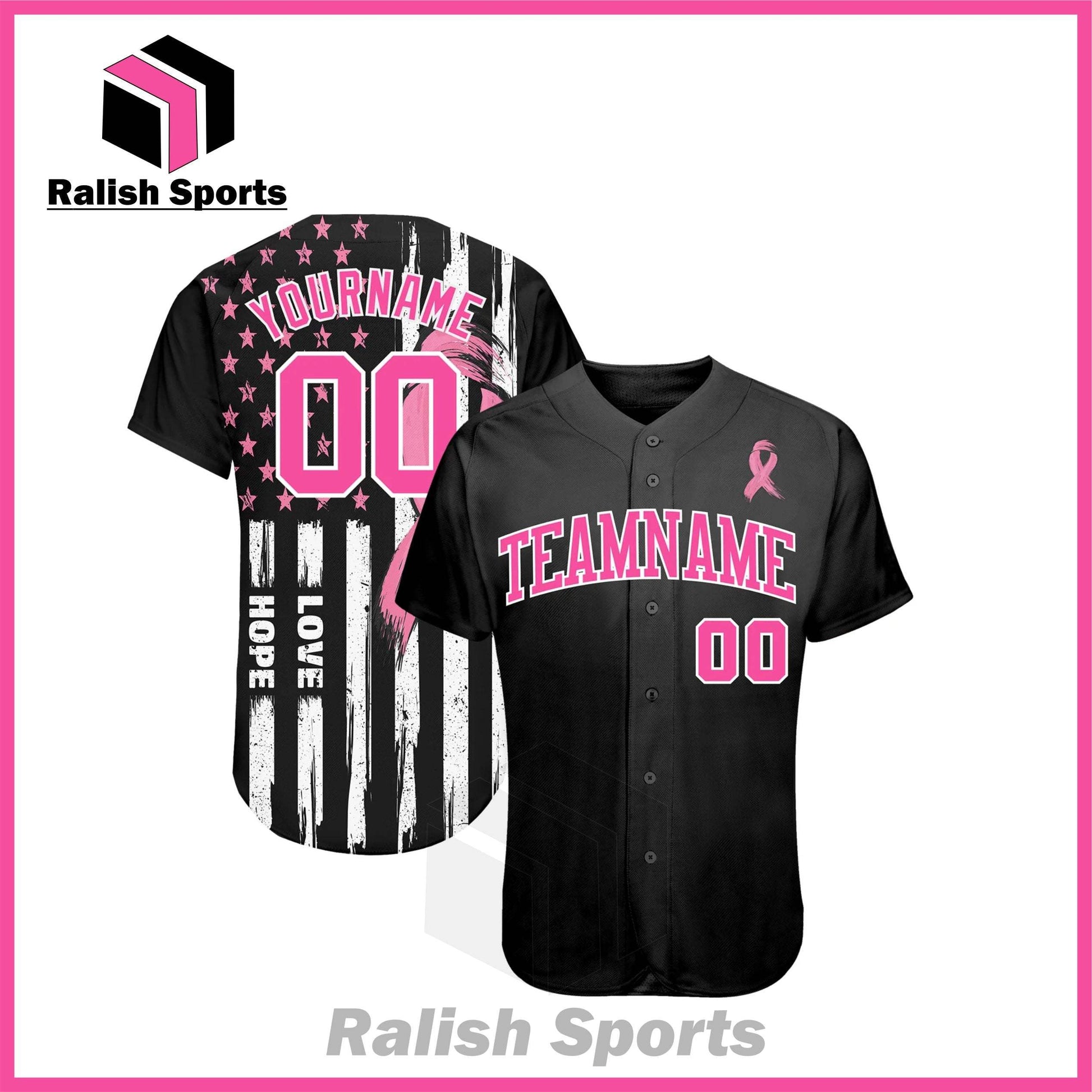 Custom 3D American Flag With Pink Ribbon Breast Cancer Awareness Month Women Health Care Support Authentic Baseball Jersey - Ralish Sports