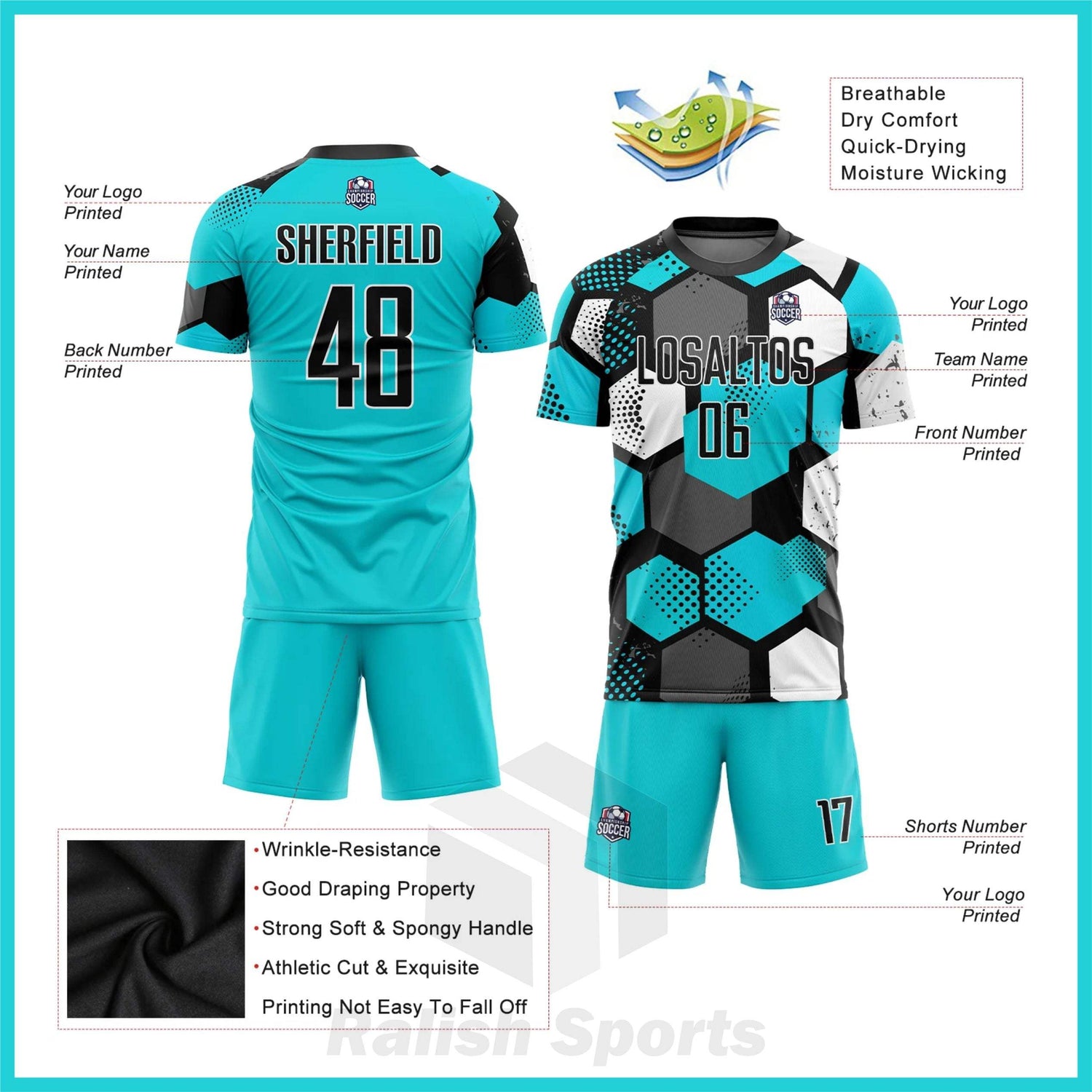 Custom Aqua Black-White Sublimation Soccer Uniform Jersey - Ralish Sports