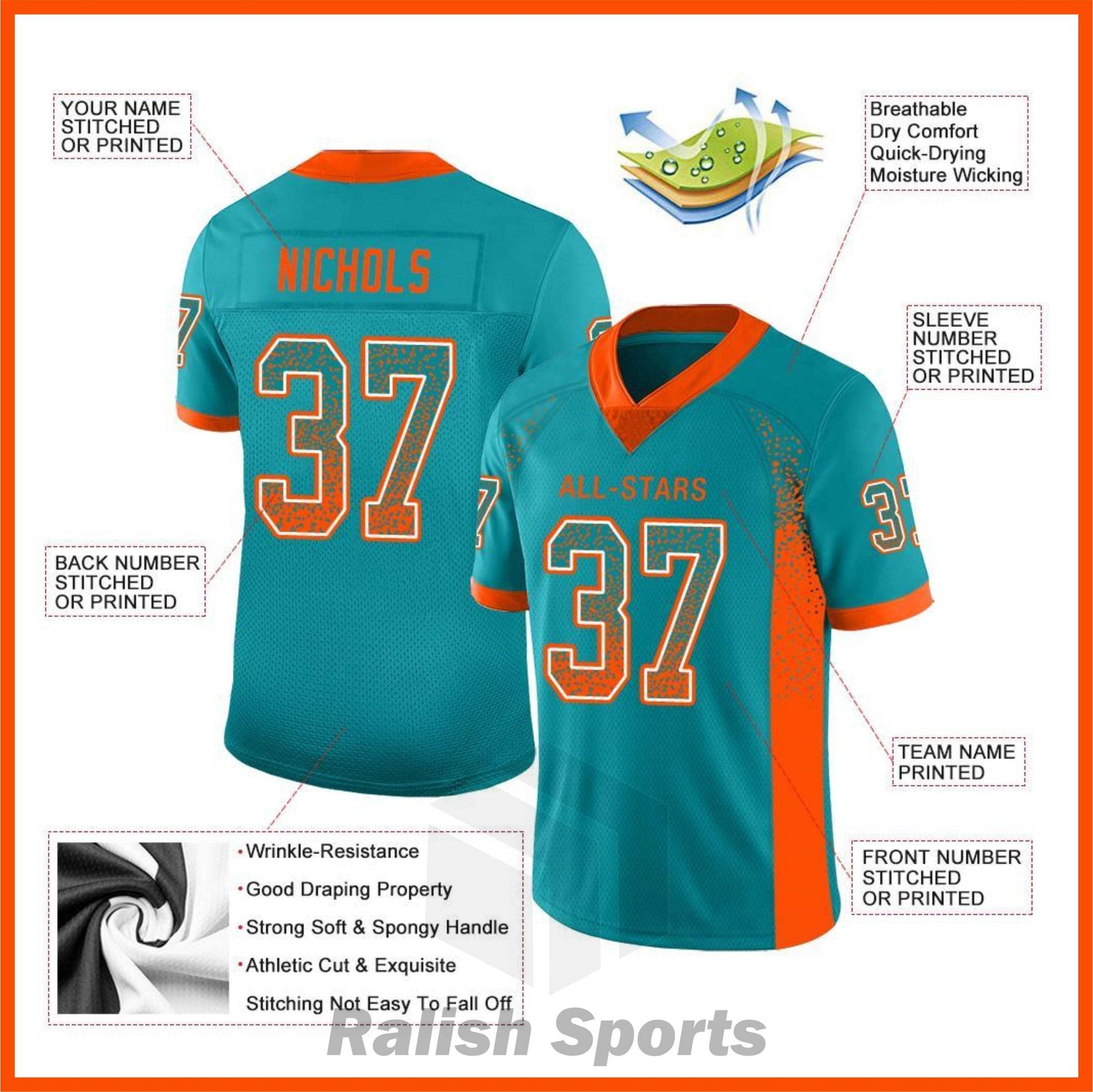 Custom Aqua Orange-White Mesh Drift Fashion Football Jersey - Ralish Sports