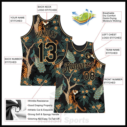 Custom Black Black-Old Gold 3D Pattern Design Tiger And Peacock Authentic Basketball Jersey - Ralish Sports