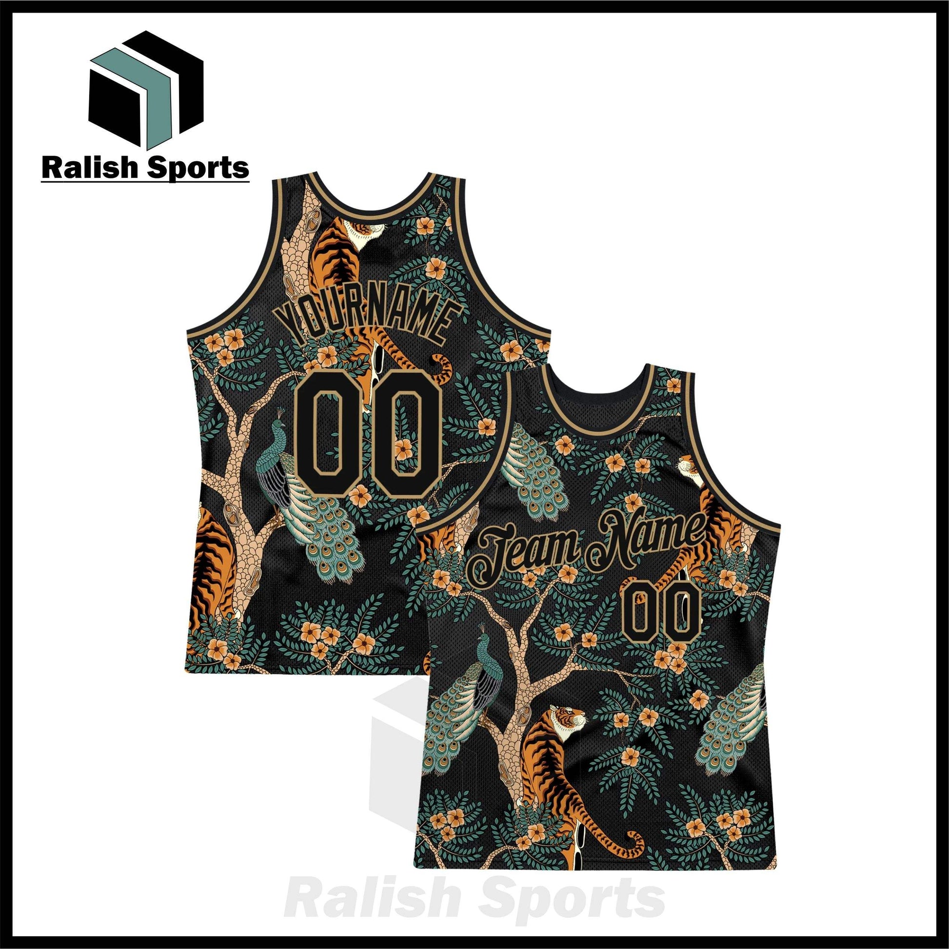 Custom Black Black-Old Gold 3D Pattern Design Tiger And Peacock Authentic Basketball Jersey - Ralish Sports