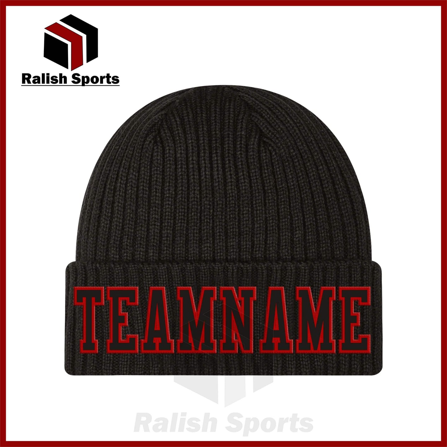 Custom Black Black-Red Stitched Cuffed Knit Hat - Ralish Sports