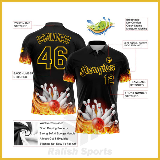 Custom Black Gold 3D Pattern Design Flame Bowling Performance Golf Polo Shirt - Ralish Sports