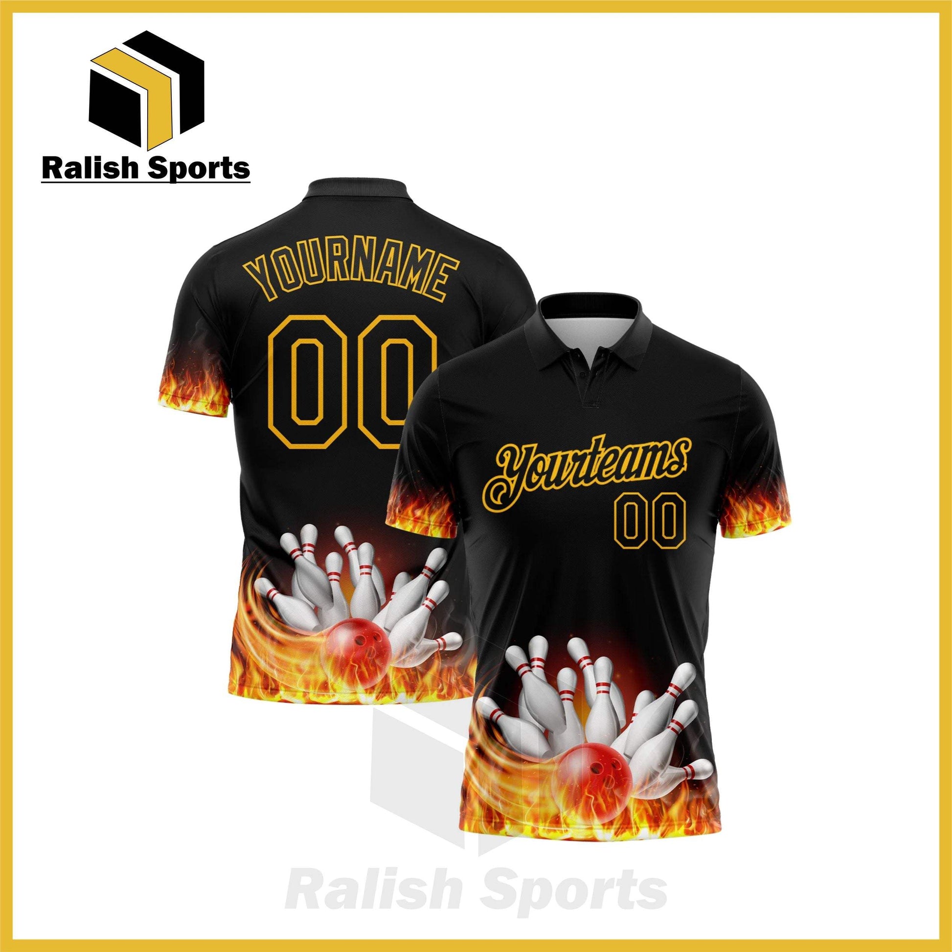 Custom Black Gold 3D Pattern Design Flame Bowling Performance Golf Polo Shirt - Ralish Sports