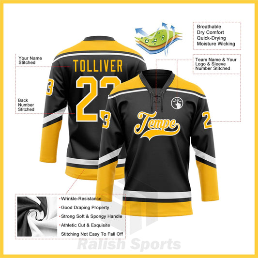 Custom Black Gold-White Hockey Lace Neck Jersey - Ralish Sports