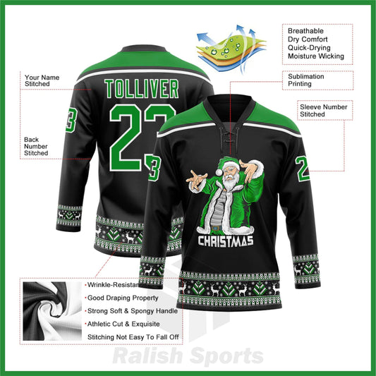 Custom Black Grass Green-White Christmas Santa Claus 3D Hockey Lace Neck Jersey - Ralish Sports