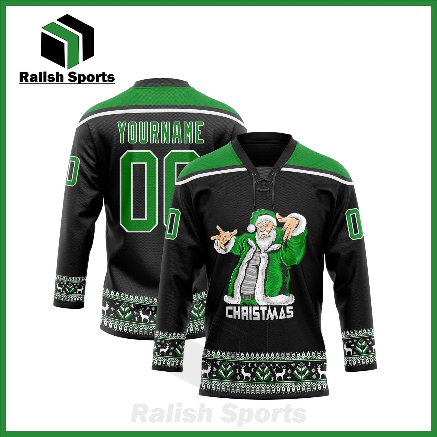 Custom Black Grass Green-White Christmas Santa Claus 3D Hockey Lace Neck Jersey - Ralish Sports