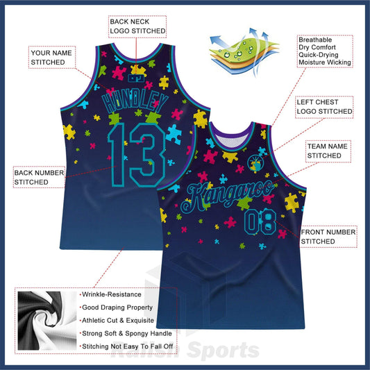 Custom Black Navy-Teal 3D Pattern Design Autism Awareness Puzzle Pieces Authentic Basketball Jersey - Ralish Sports