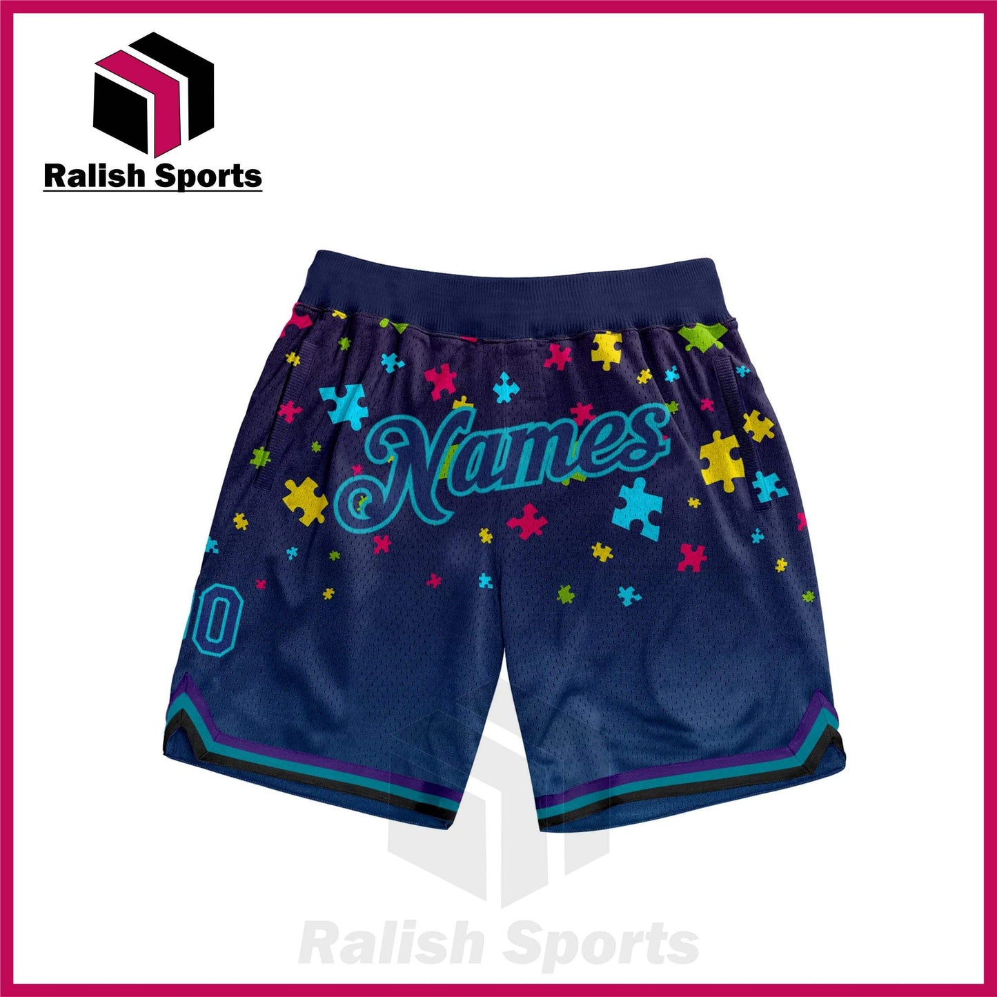 Custom Black Navy-Teal 3D Pattern Design Autism Awareness Puzzle Pieces Authentic Basketball Shorts - Ralish Sports
