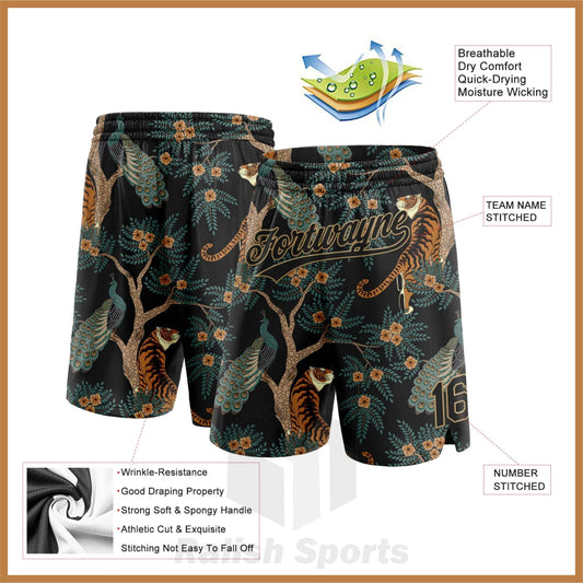 Custom Black Old Gold 3D Pattern 3D Pattern Design Tiger And Peacock Authentic Basketball Shorts - Ralish Sports