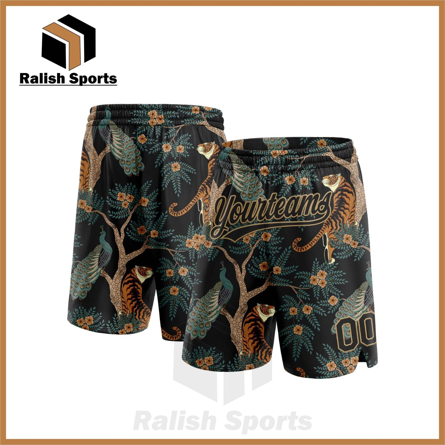 Custom Black Old Gold 3D Pattern 3D Pattern Design Tiger And Peacock Authentic Basketball Shorts - Ralish Sports