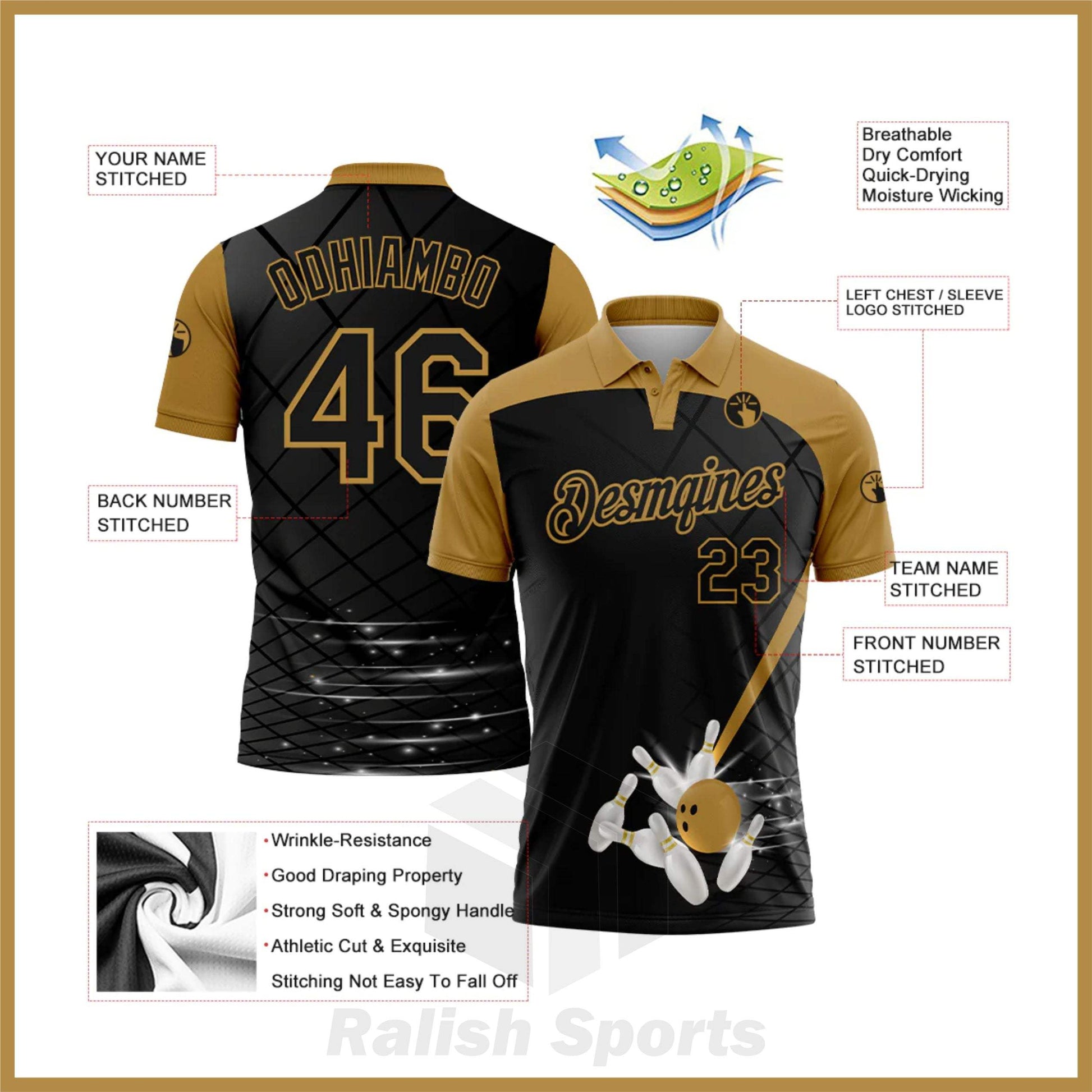 Custom Black Old Gold 3D Pattern Design Bowling Performance Golf Polo Shirt - Ralish Sports