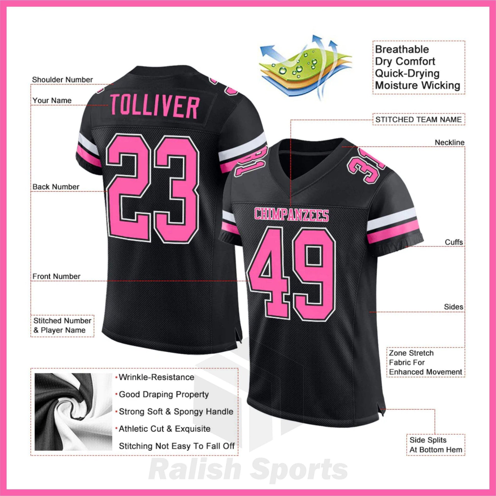 Custom Black Pink-White Mesh Authentic Football Jersey - Ralish Sports