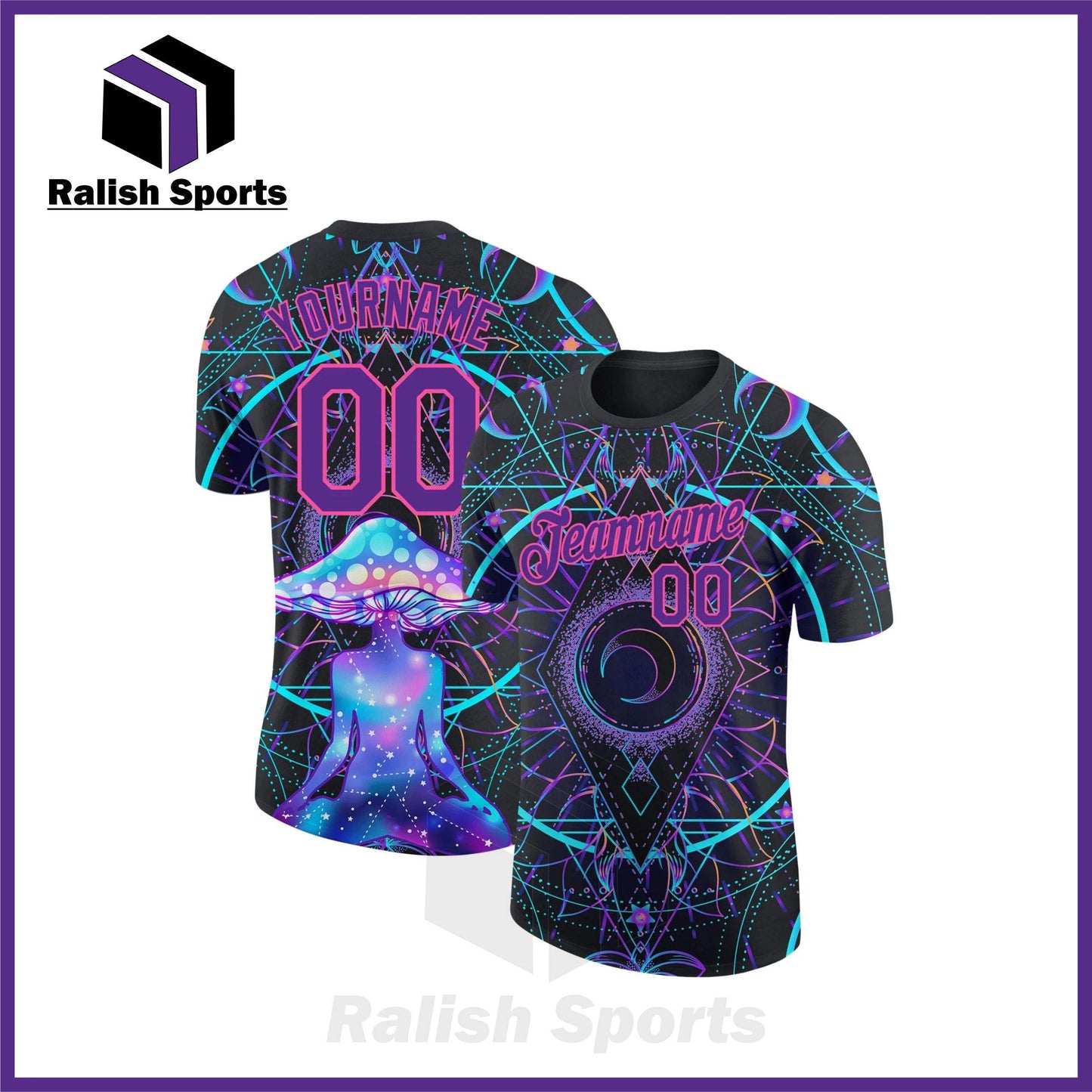 Custom Black Purple-Pink 3D Pattern Design Magic Mushrooms Over Sacred Geometry Psychedelic Hallucination Performance T-Shirt - Ralish Sports