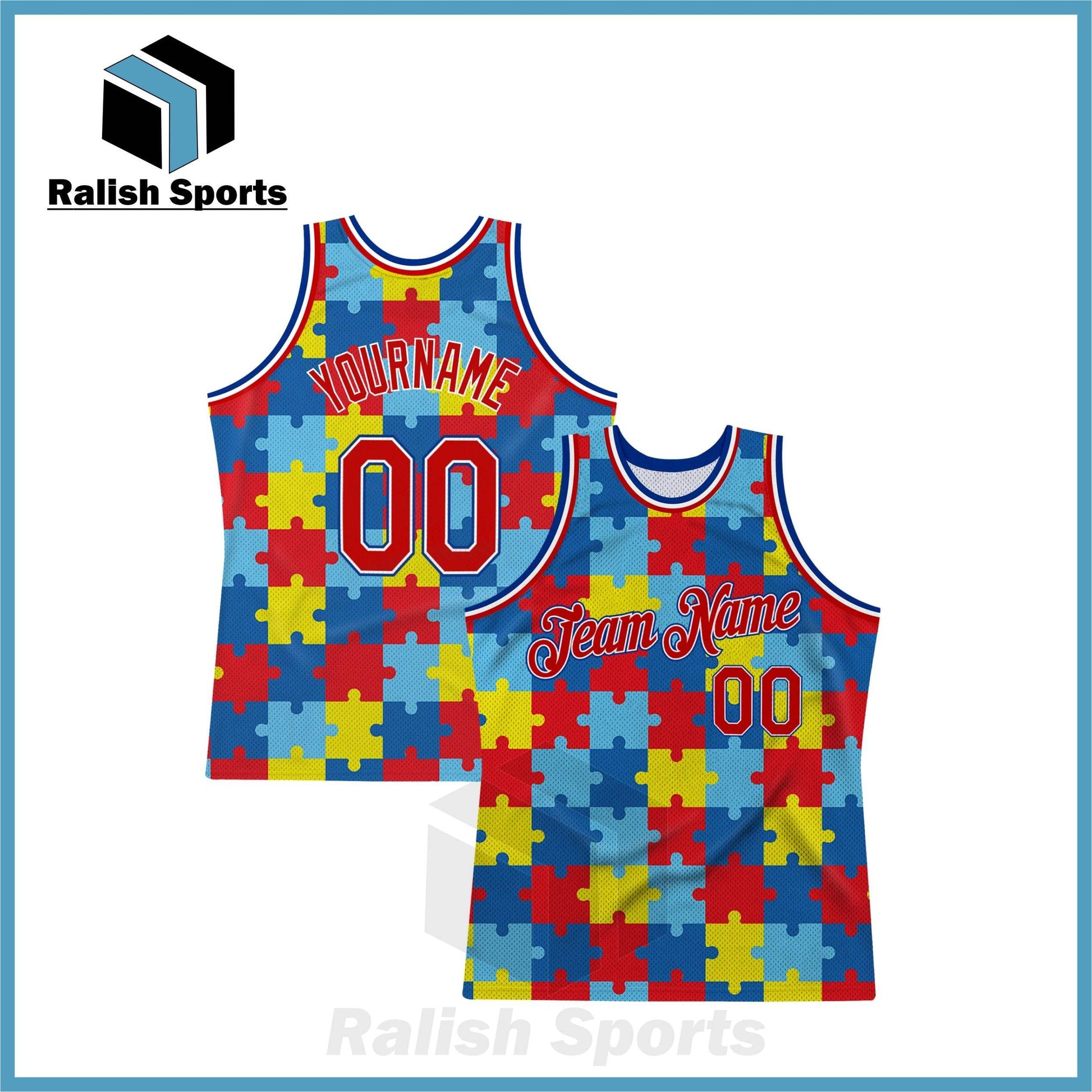 Custom Black Red-Royal 3D Pattern Design Autism Awareness Puzzle Pieces Authentic Basketball Jersey - Ralish Sports