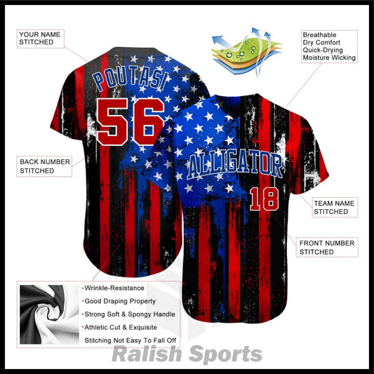 Custom Black Red Royal-White 3D Distressed American Flag Authentic Baseball Jersey - Ralish Sports