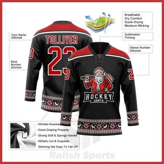 Custom Black Red-White Christmas Santa Claus 3D Hockey Lace Neck Jersey - Ralish Sports