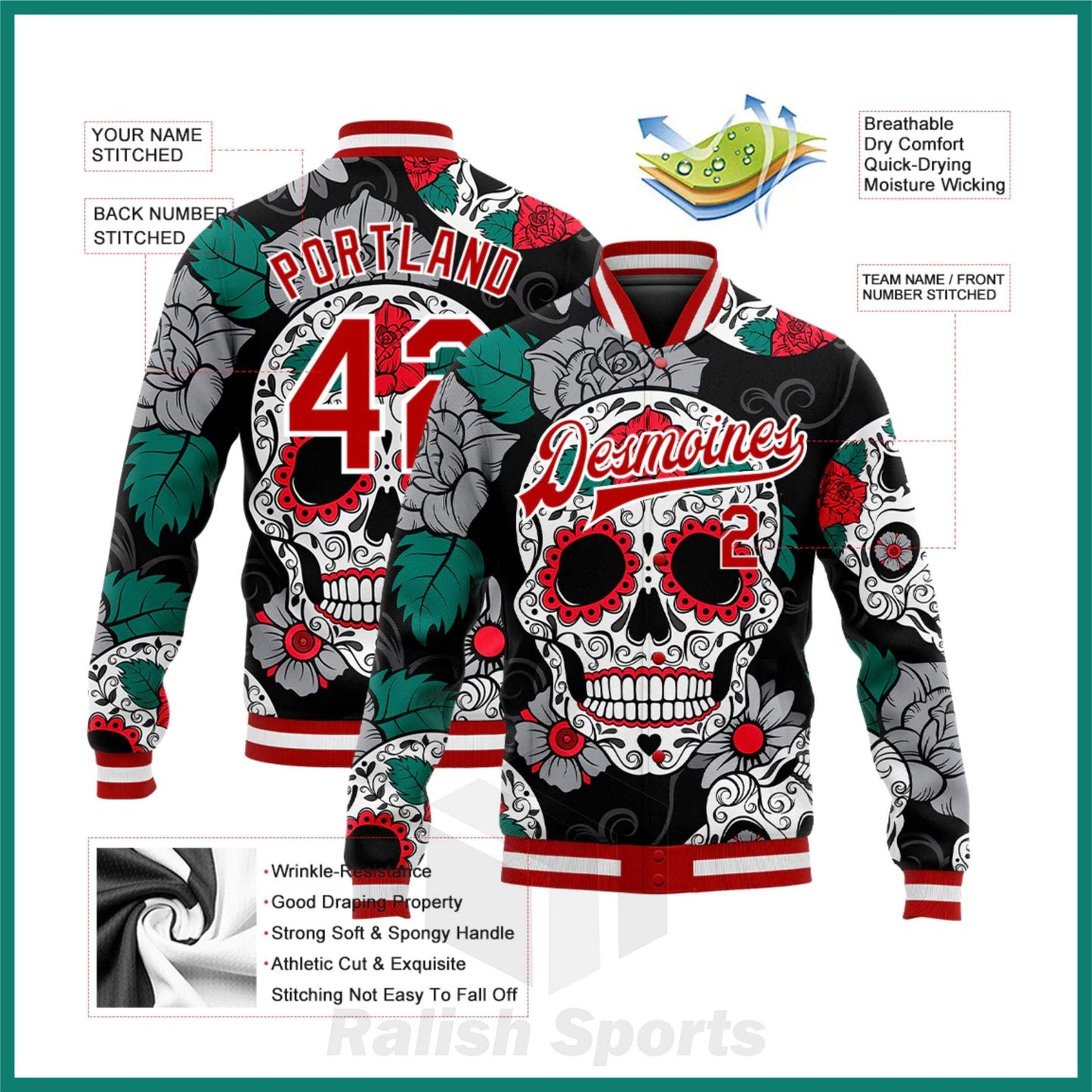 Custom Black Red-White Skull Fashion 3D Bomber Full-Snap Varsity Letterman Jacket - Ralish Sports