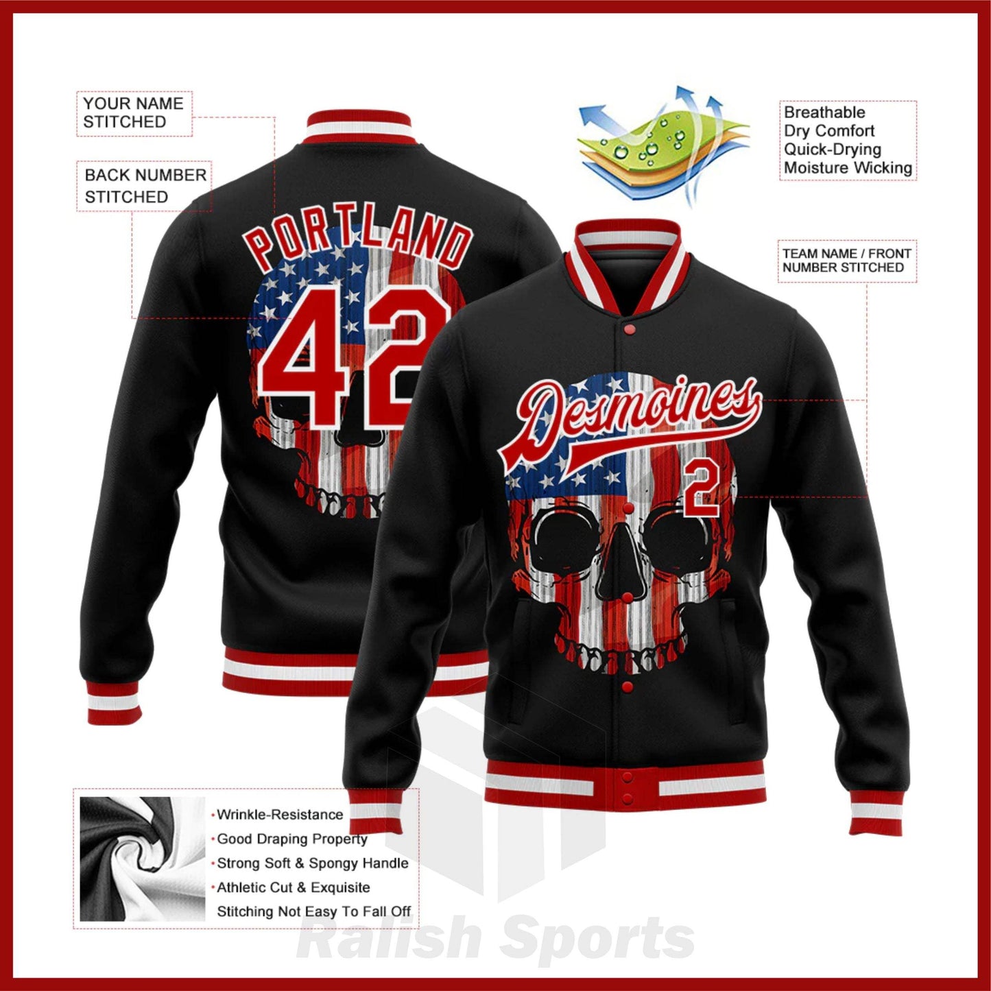 Custom Black Red-White Skull With American Flag 3D Bomber Full-Snap Varsity Letterman Jacket - Ralish Sports