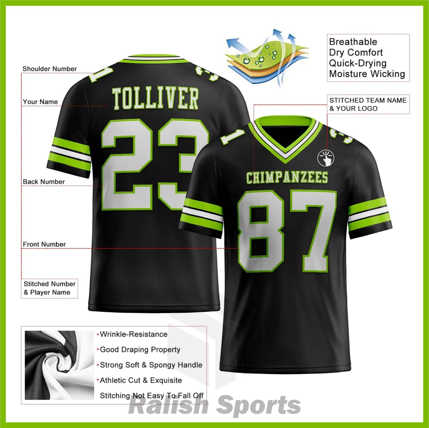 Custom Black White-Neon Green Mesh Authentic Football Jersey - Ralish Sports