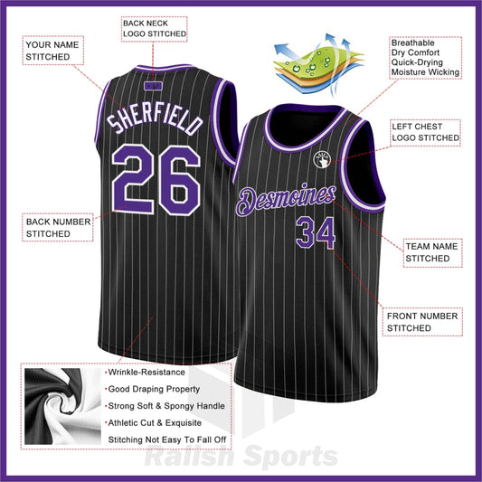 Custom Black White Pinstripe Purple-White Authentic Basketball Jersey - Ralish Sports