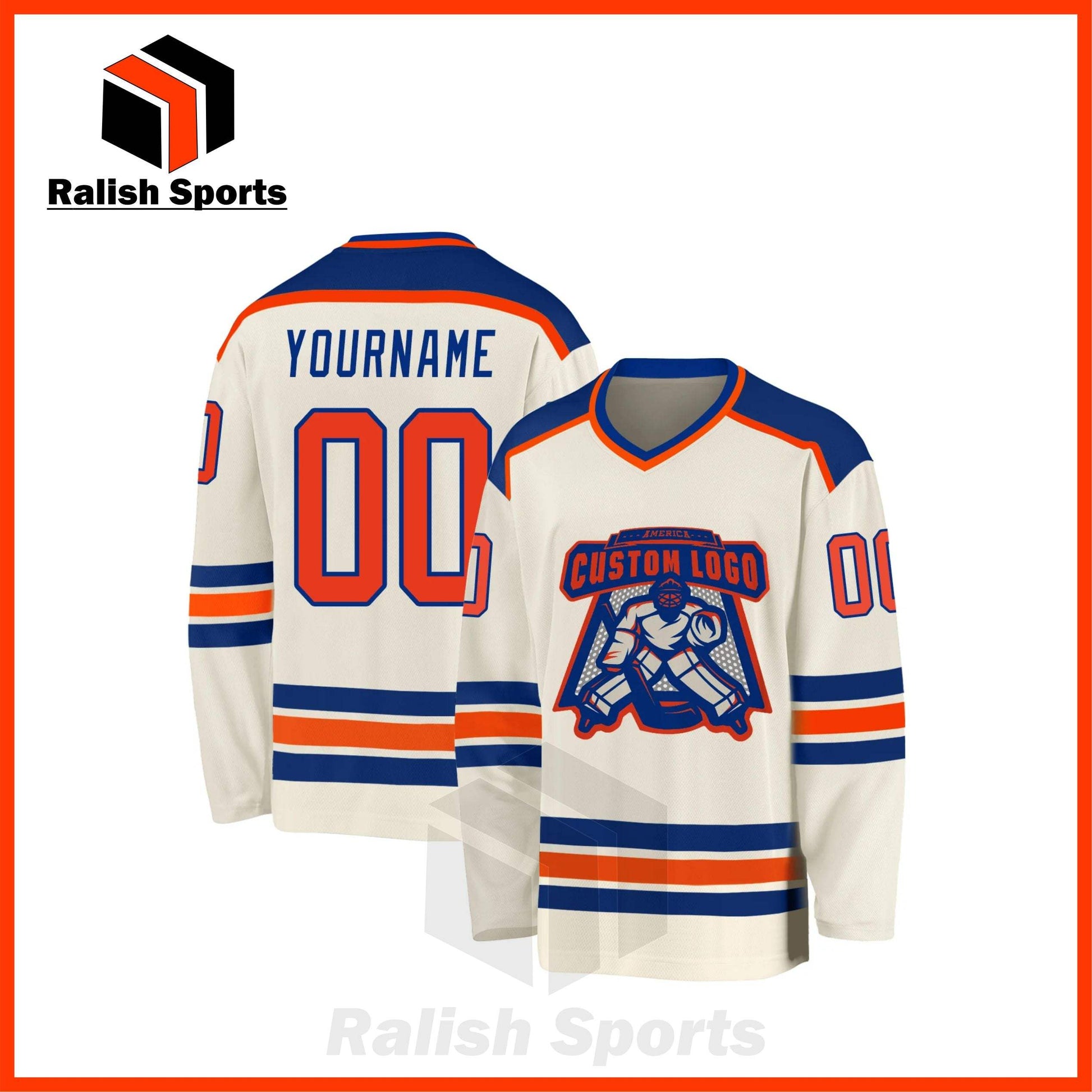 Custom Cream Blue-Orange Hockey Jersey - Ralish Sports