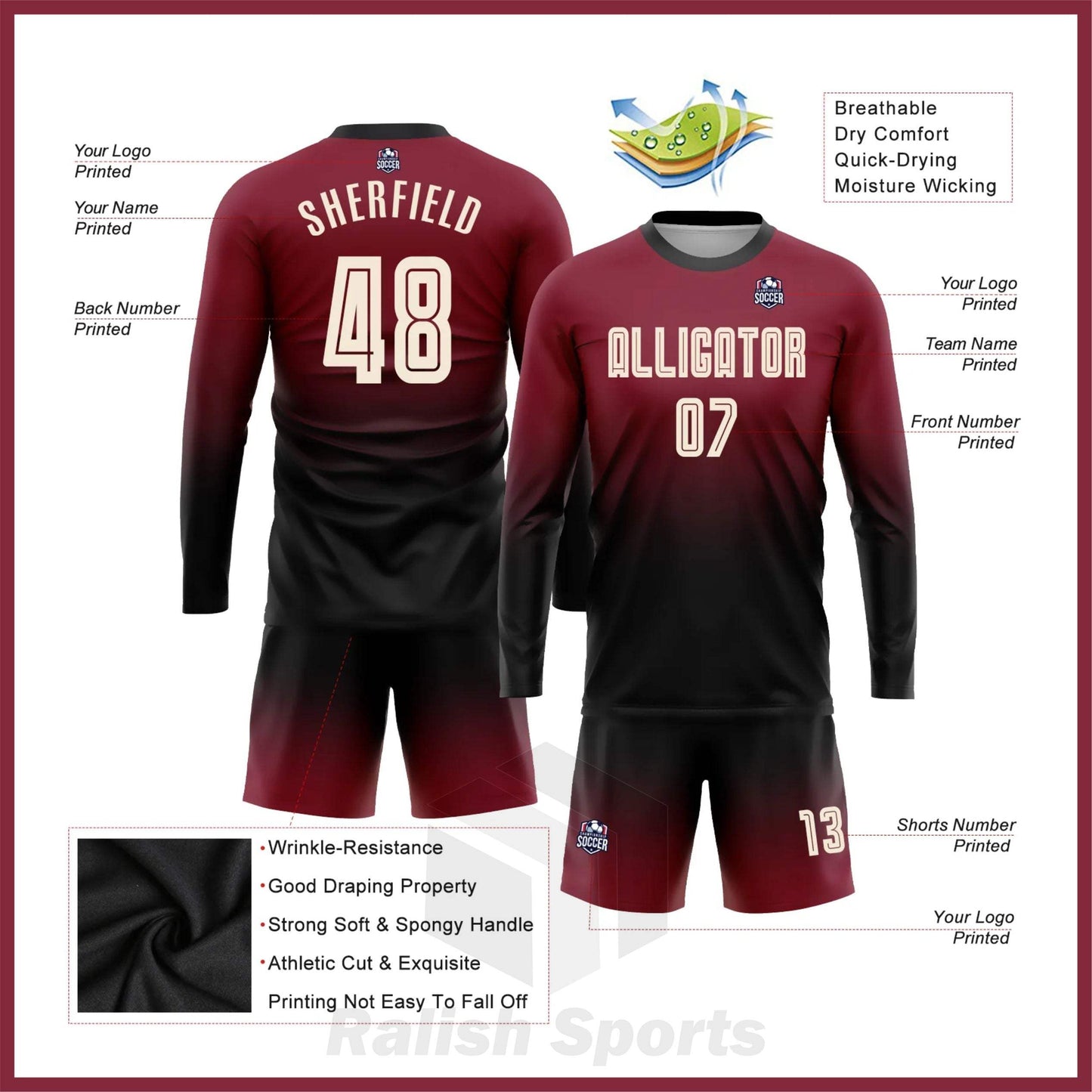 Custom Crimson Cream-Black Sublimation Long Sleeve Fade Fashion Soccer Uniform Jersey - Ralish Sports