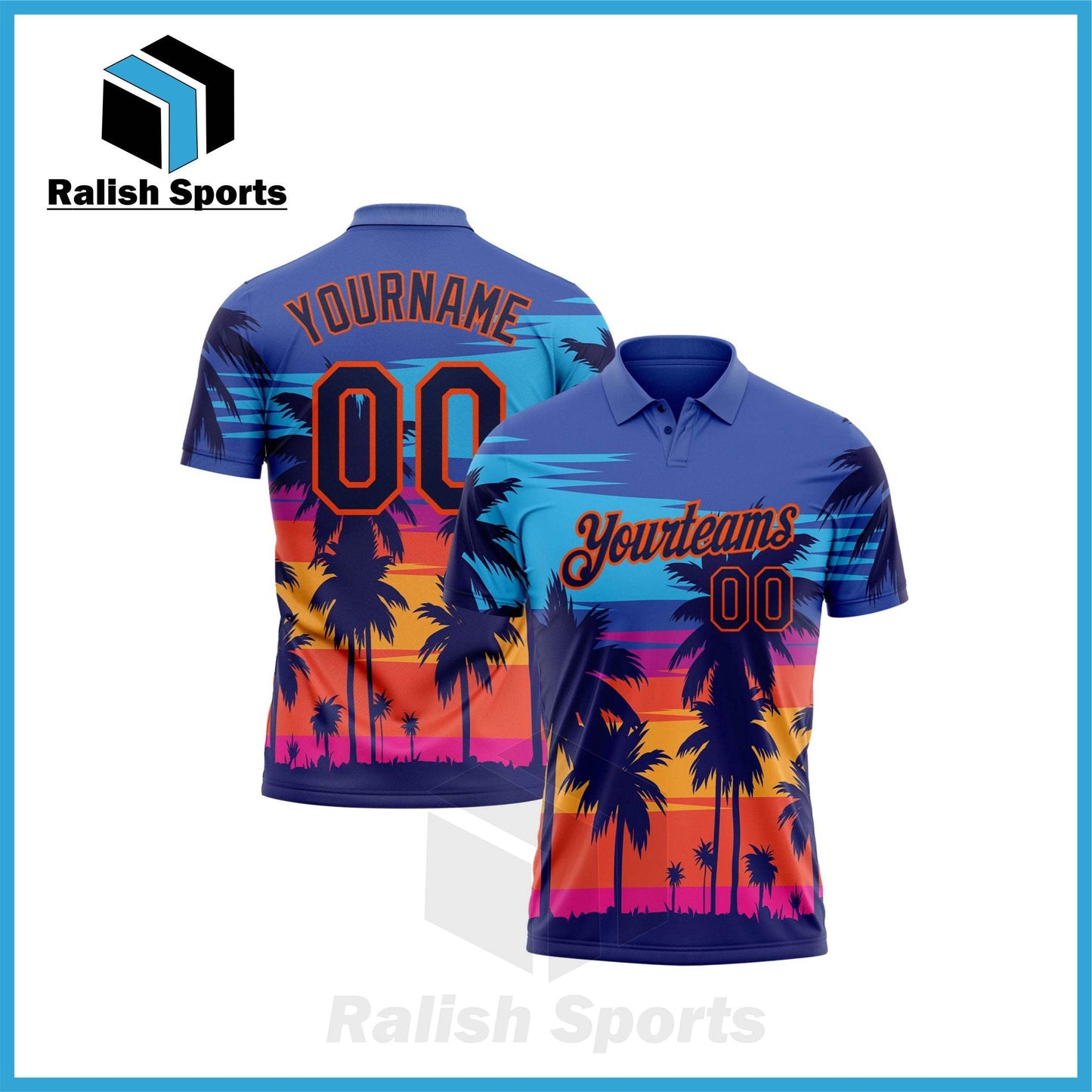 Custom Electric Blue Navy-Orange 3D Pattern Design Hawaii Palm Trees Performance Golf Polo Shirt - Ralish Sports