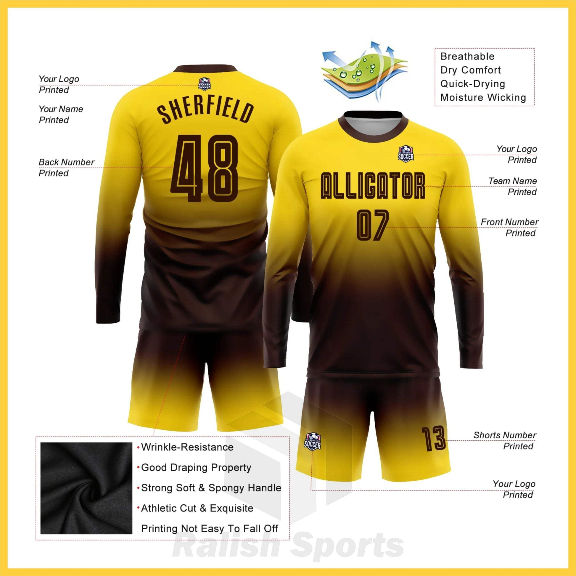 Custom Gold Brown Sublimation Long Sleeve Fade Fashion Soccer Uniform Jersey - Ralish Sports