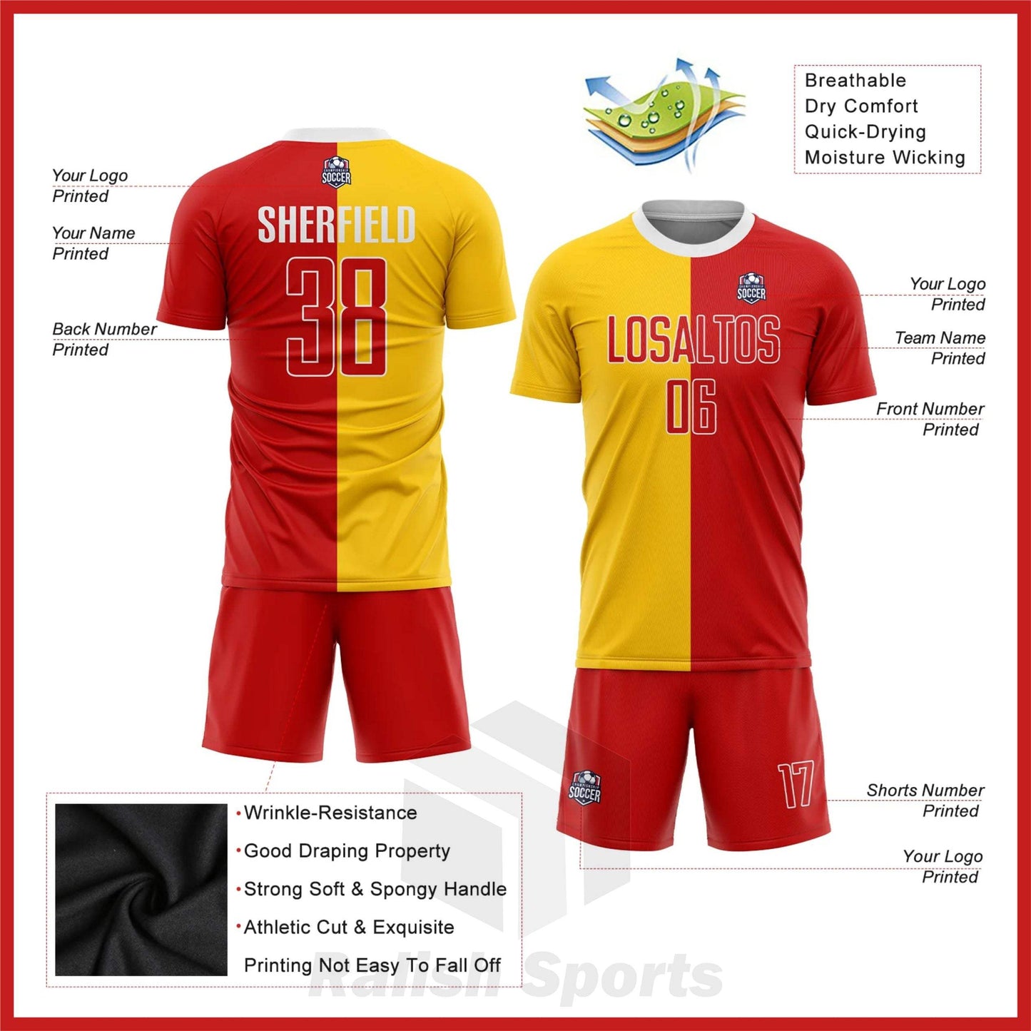 Custom Gold Red-White Sublimation Split Fashion Soccer Uniform Jersey - Ralish Sports