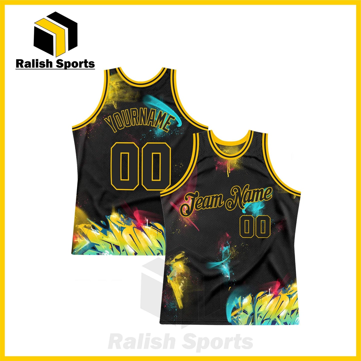 Custom Graffiti Pattern Black-Gold 3D Authentic Basketball Jersey - Ralish Sports