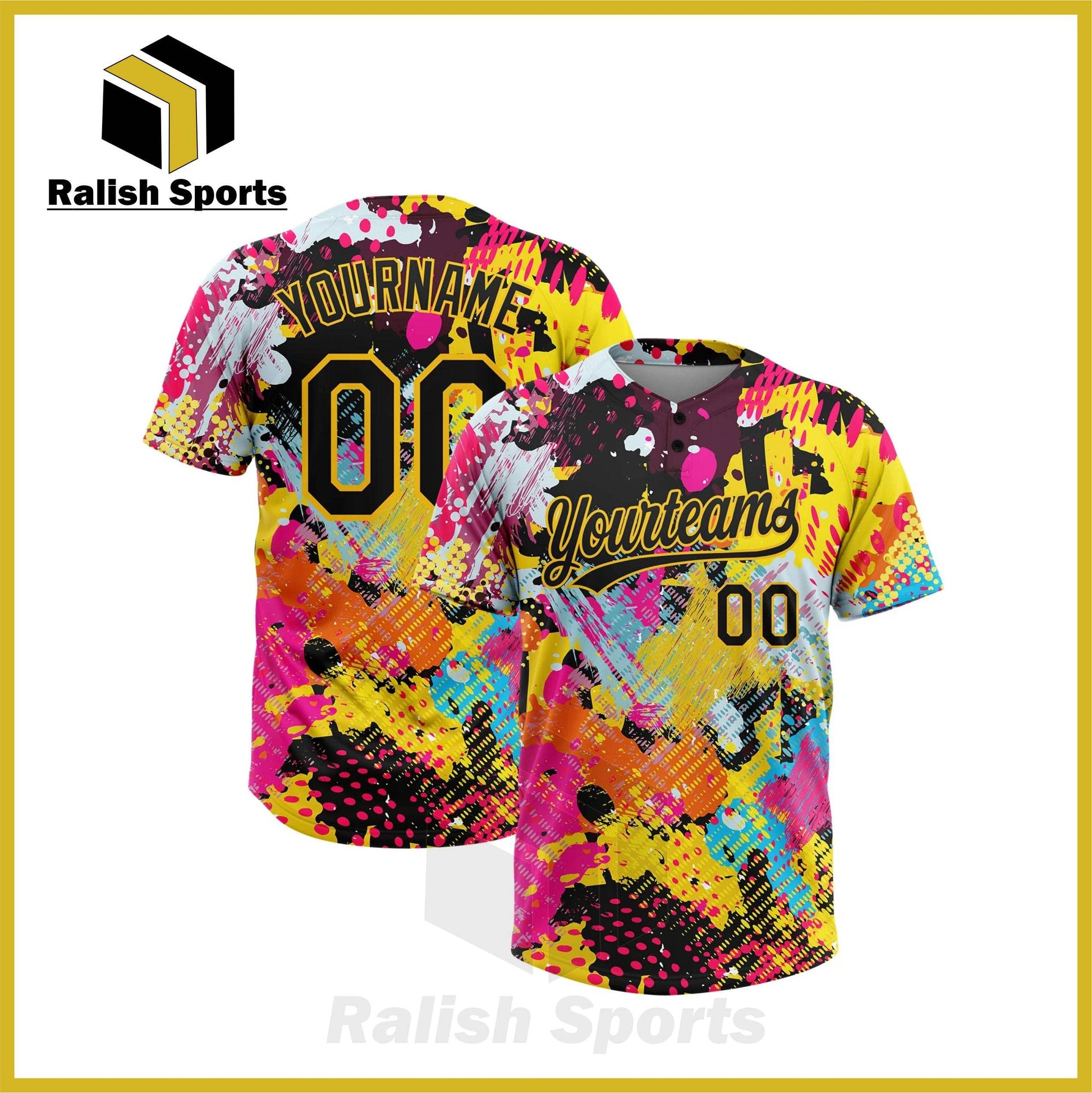 Custom Graffiti Pattern Black-Gold 3D Bright Psychedelic Two-Button Unisex Softball Jersey - Ralish Sports