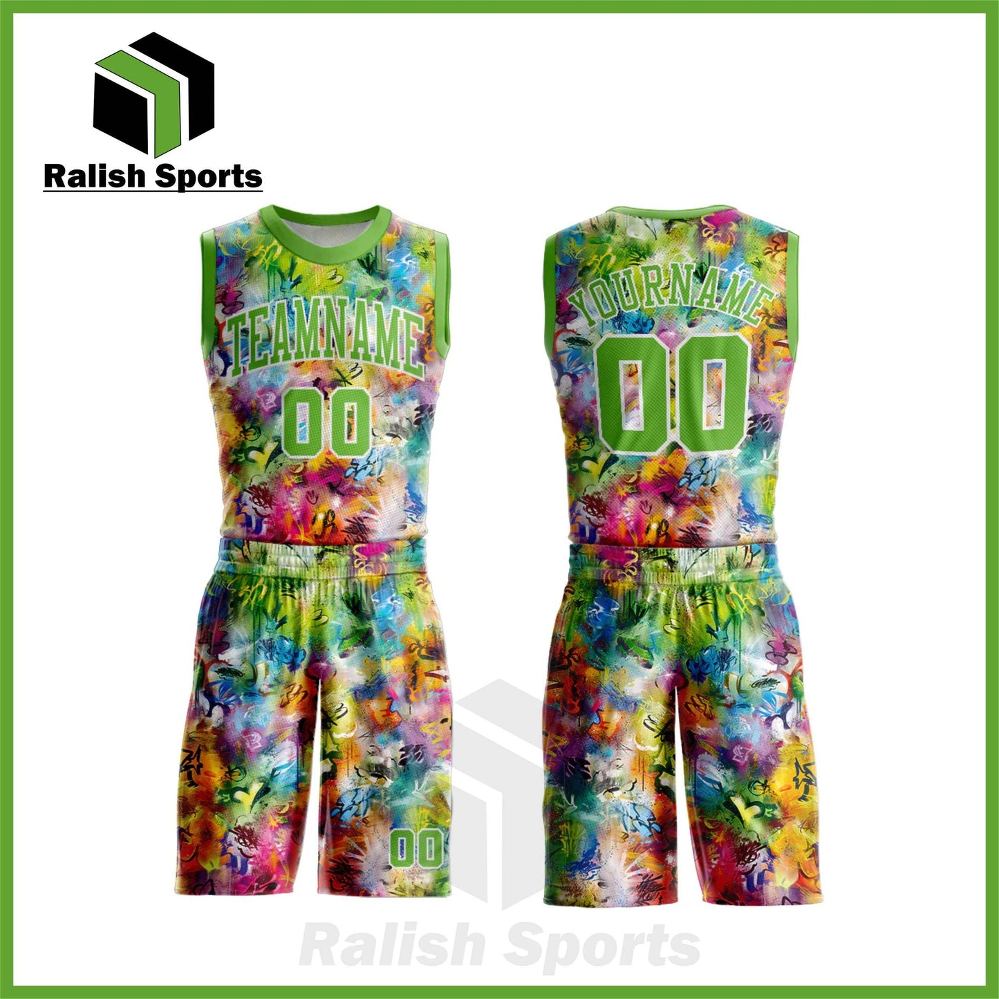 Custom Graffiti Pattern Neon Green-White Round Neck Sublimation Basketball Suit Jersey - Ralish Sports