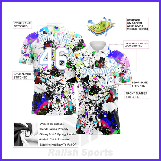 Custom Graffiti Pattern White-Light Blue 3D Splashes Performance Golf Polo Shirt - Ralish Sports