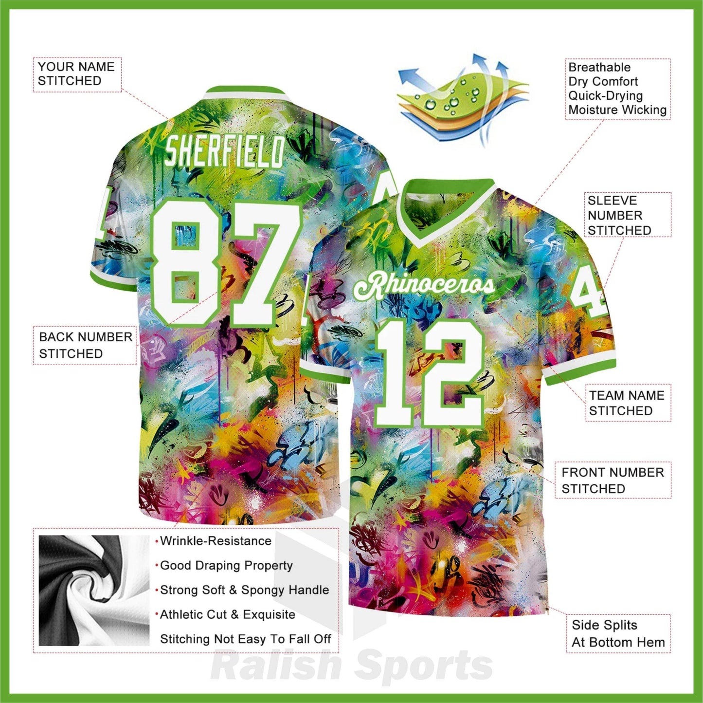 Custom Graffiti Pattern White-Neon Green 3D Mesh Authentic Throwback Football Jersey - Ralish Sports