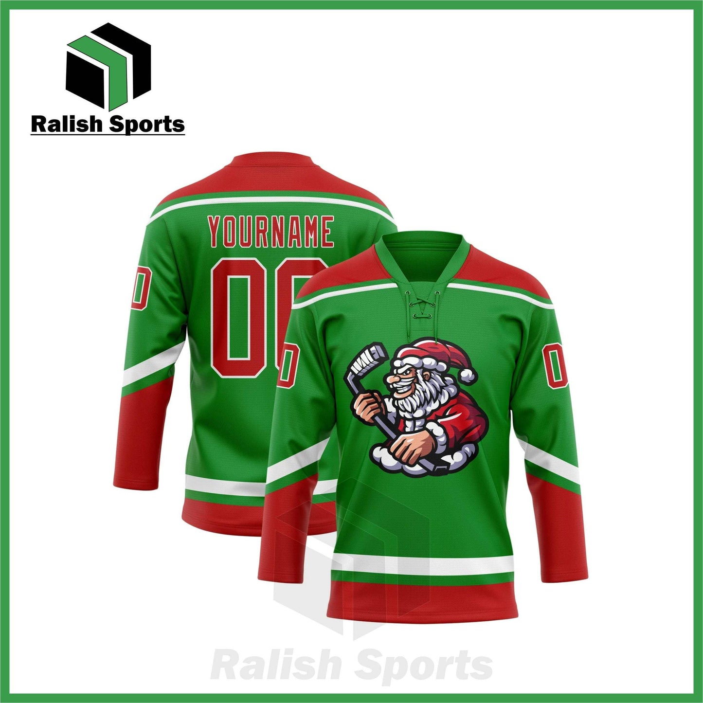 Custom Grass Green Red-White Christmas Santa Claus 3D Hockey Lace Neck Jersey - Ralish Sports