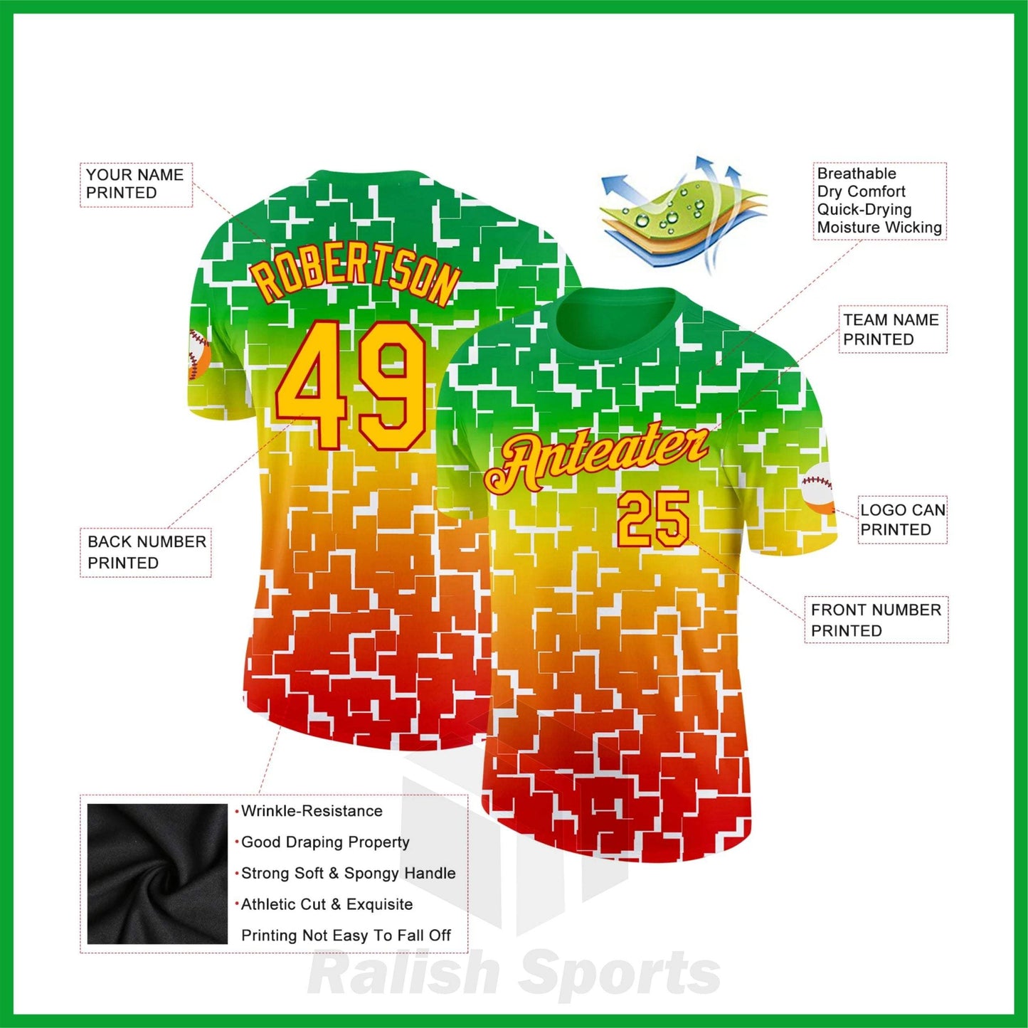 Custom Green Yellow-Red 3D Pattern Design Black History Month Performance T-Shirt - Ralish Sports
