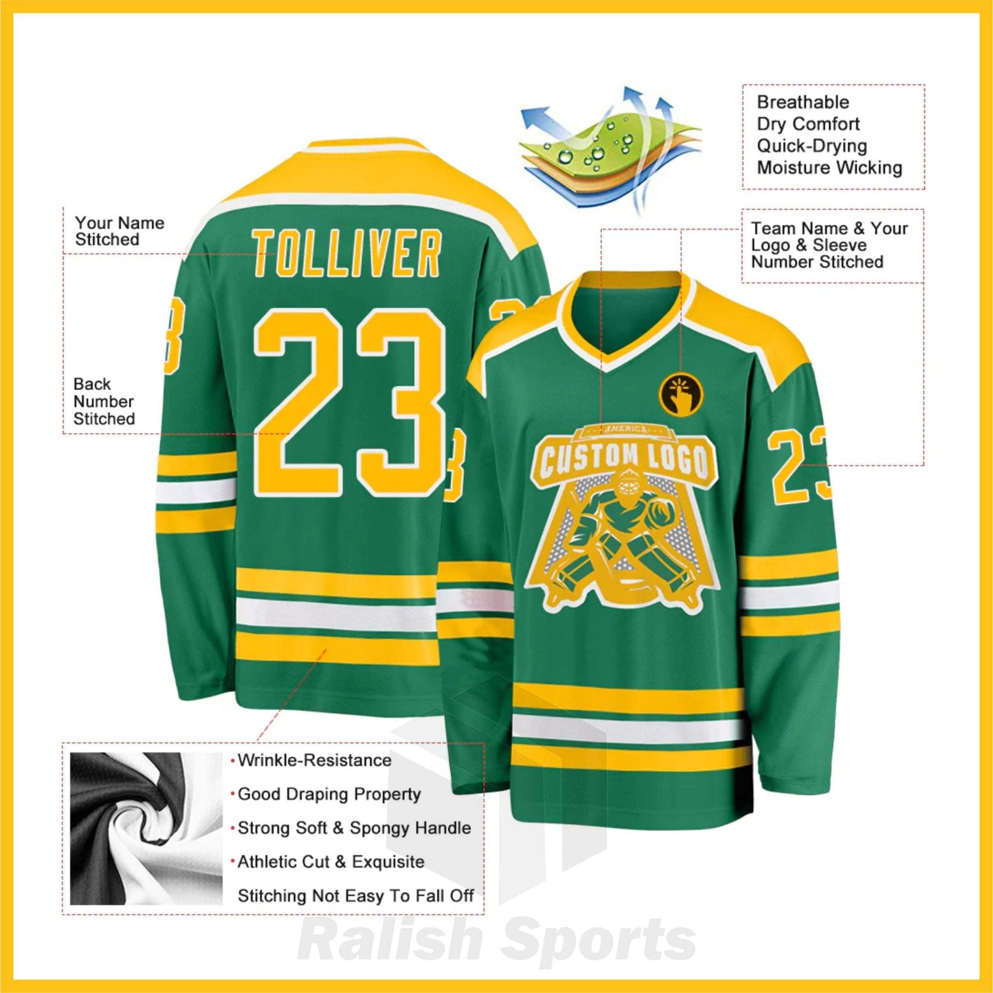 Custom Kelly Green Gold-White Hockey Jersey - Ralish Sports