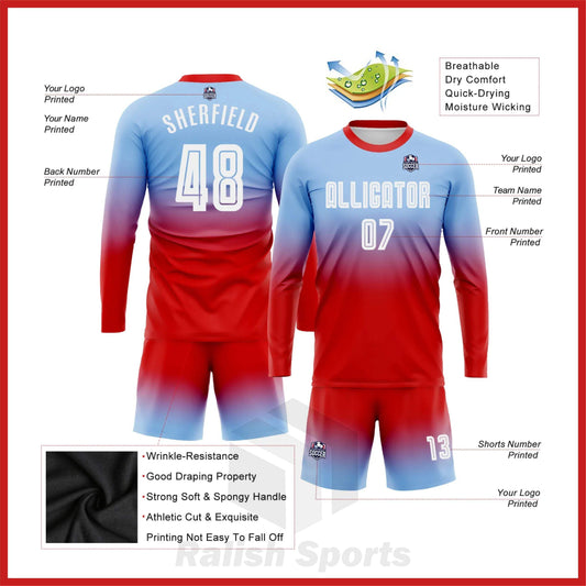 Custom Light Blue White-Red Sublimation Long Sleeve Fade Fashion Soccer Uniform Jersey - Ralish Sports