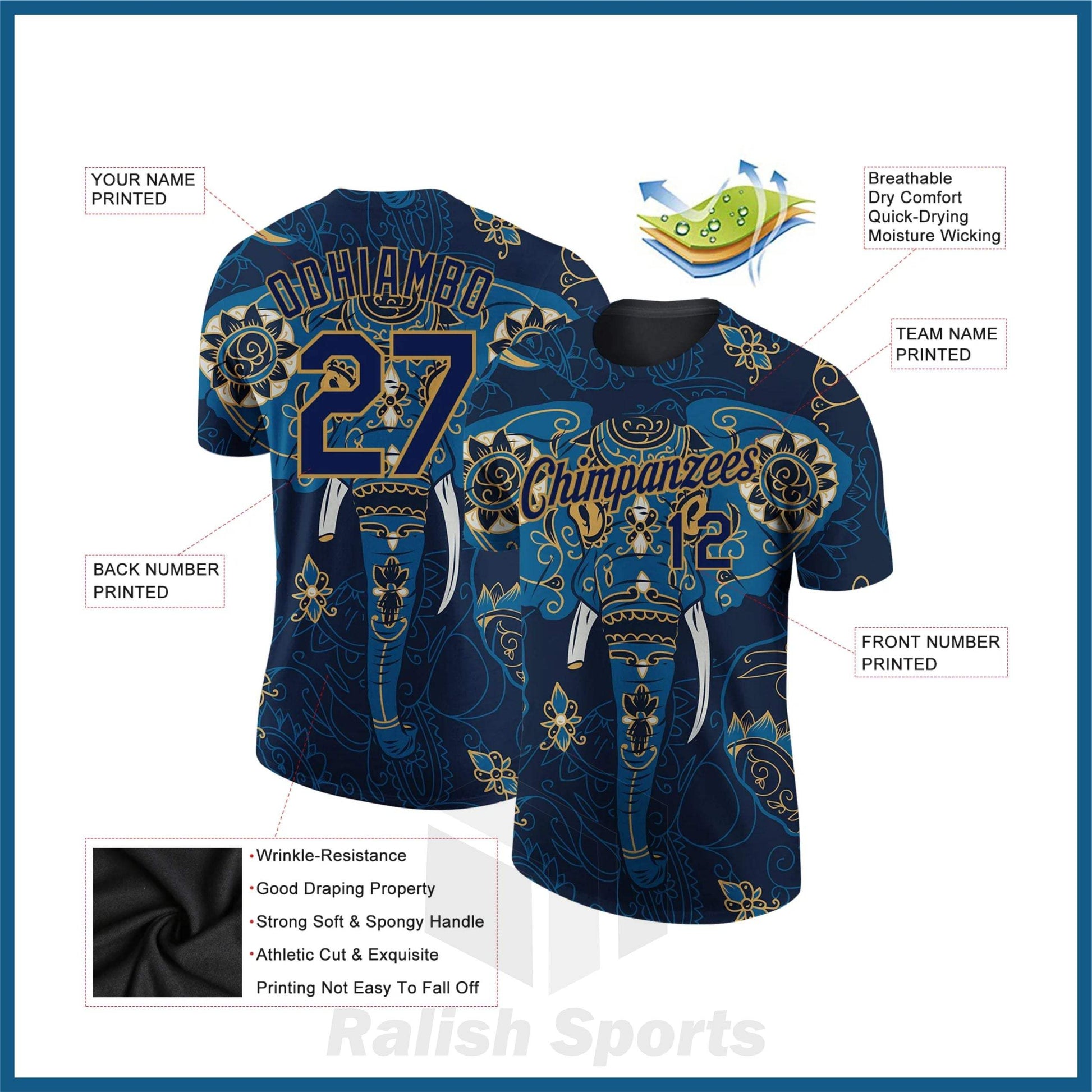 Custom Navy Old Gold 3D Pattern Design Elephant Performance T-Shirt - Ralish Sports