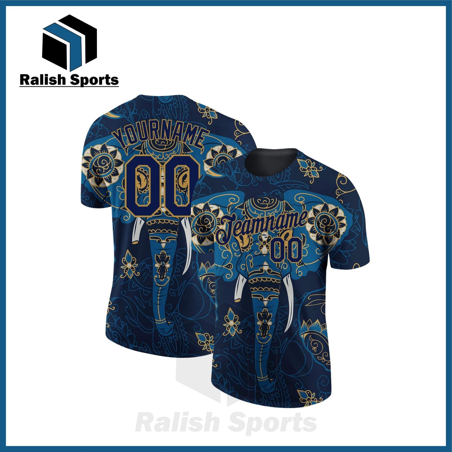 Custom Navy Old Gold 3D Pattern Design Elephant Performance T-Shirt - Ralish Sports