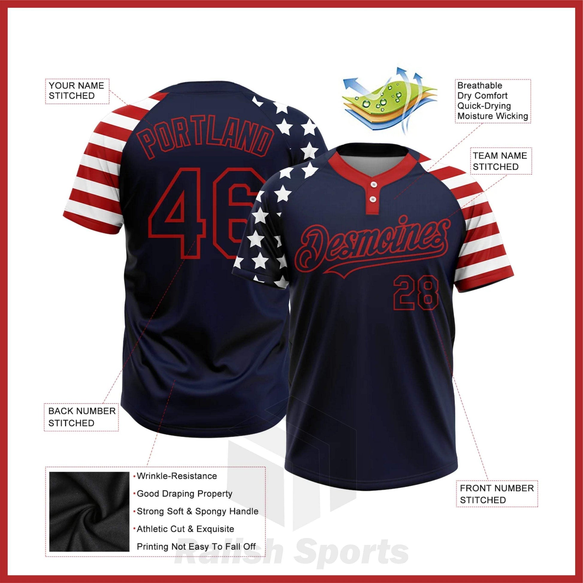 Custom Navy Red-White 3D American Flag Fashion Two-Button Unisex Softball Jersey - Ralish Sports