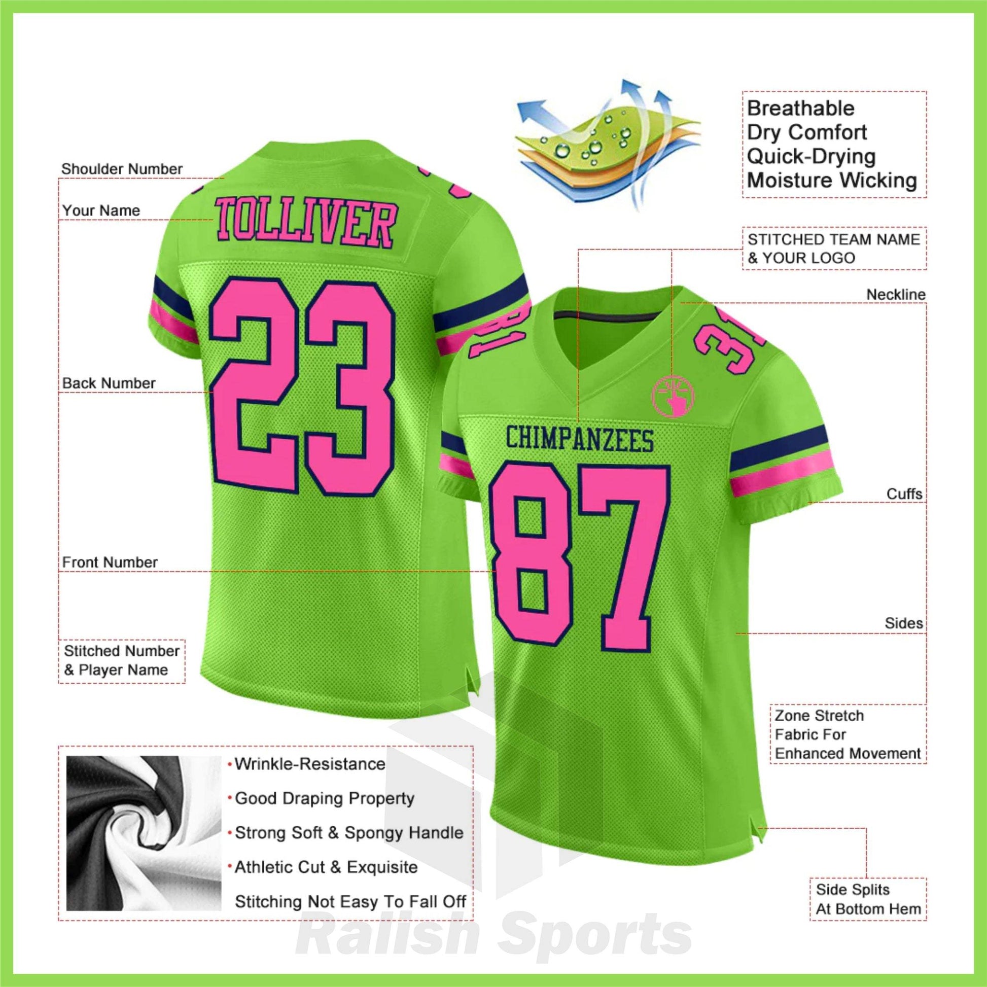 Custom Neon Green Pink-Navy Mesh Authentic Football Jersey - Ralish Sports